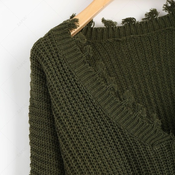 Zaful Army Green Loose Ripped V Neck Sweater One Size - Picture 3 of 14